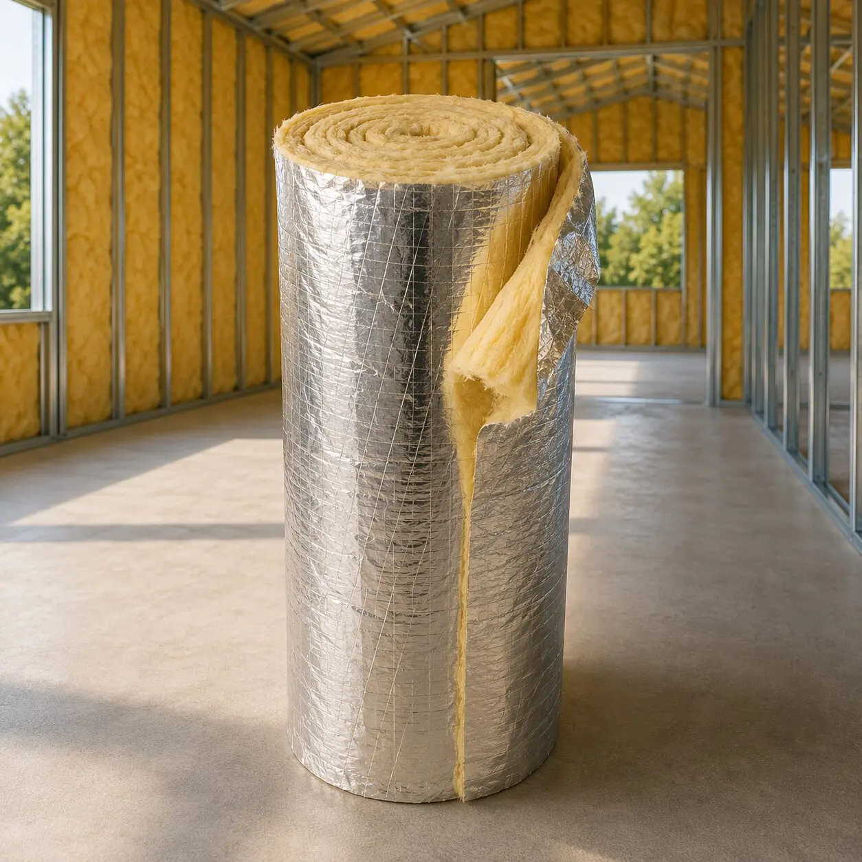 Rollo de fibra de vidrio para ductos de aire acondicionado de 16 kg/m³ con barrera de vapor para sistemas HVAC comerciales e industriales.