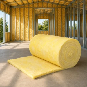 Rollo de fibra de vidrio para aislamiento térmico de hasta 450 °C utilizado en tuberías, equipos y superficies industriales.